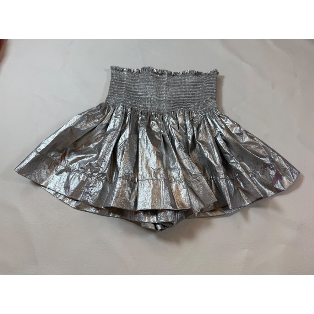 Koch Metallic Silver Smocked High-Waist Shorts Size S USA-Made Shiny (bin S113) - Picture 7 of 7